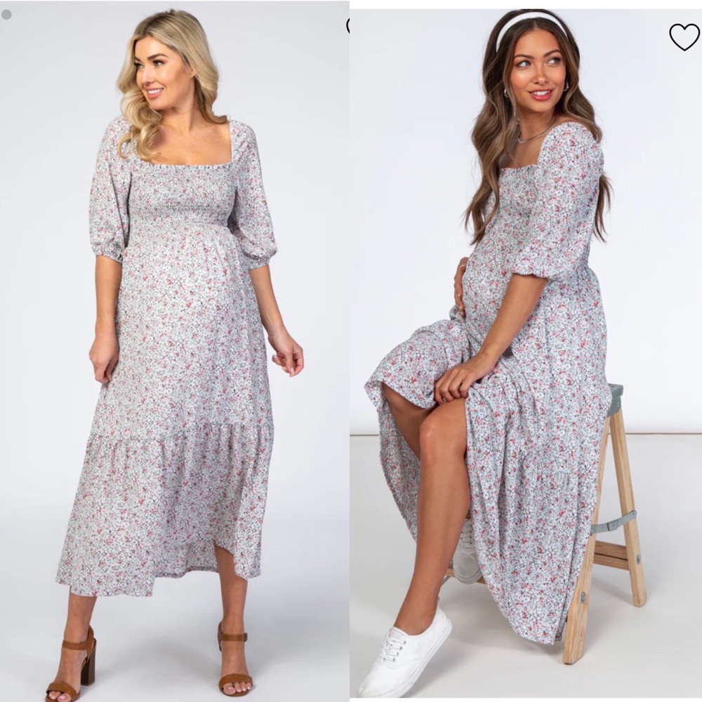 PINKBLUSH Mint Floral Smocked Maternity Midi Dress